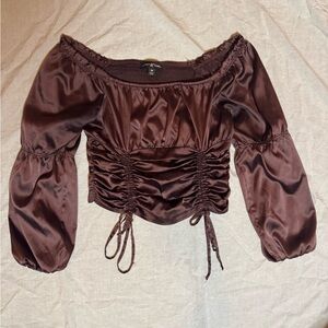 Brown Satin Ruched Blouse
